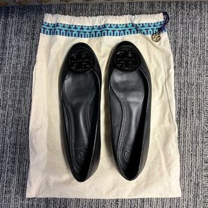 Tory Burch black leather with patent leather logo flats